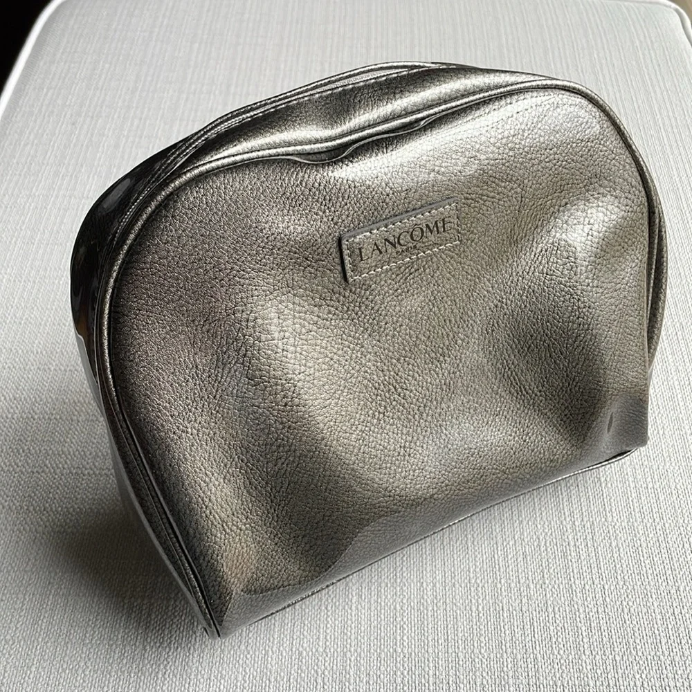 Lancome large gray silver metallic glossy cosmetics pouch